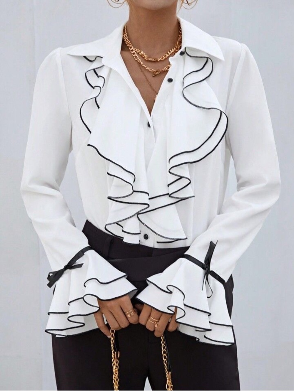 SHEIN White Ruffle Button-Down Blouse with Black Trim